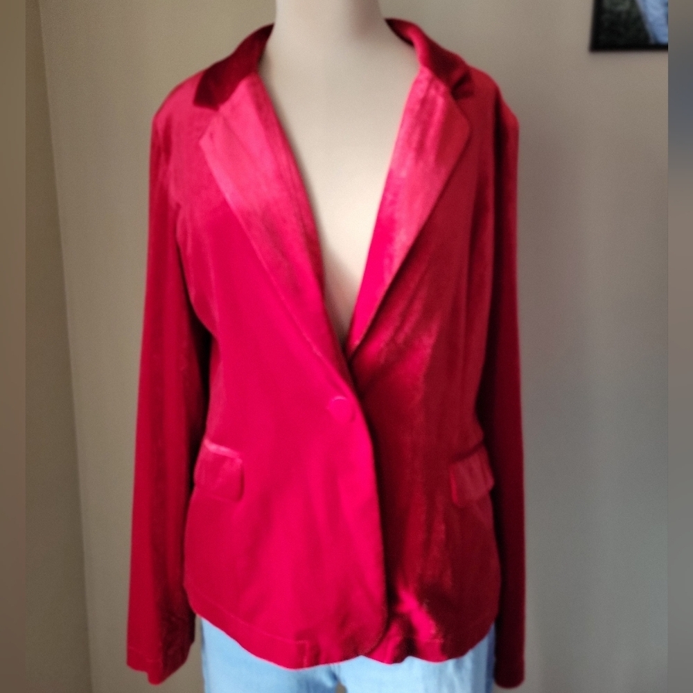 MNI Red Velvet Boyfriend Blazer Jacket - Size Large - Picture 9 of 11